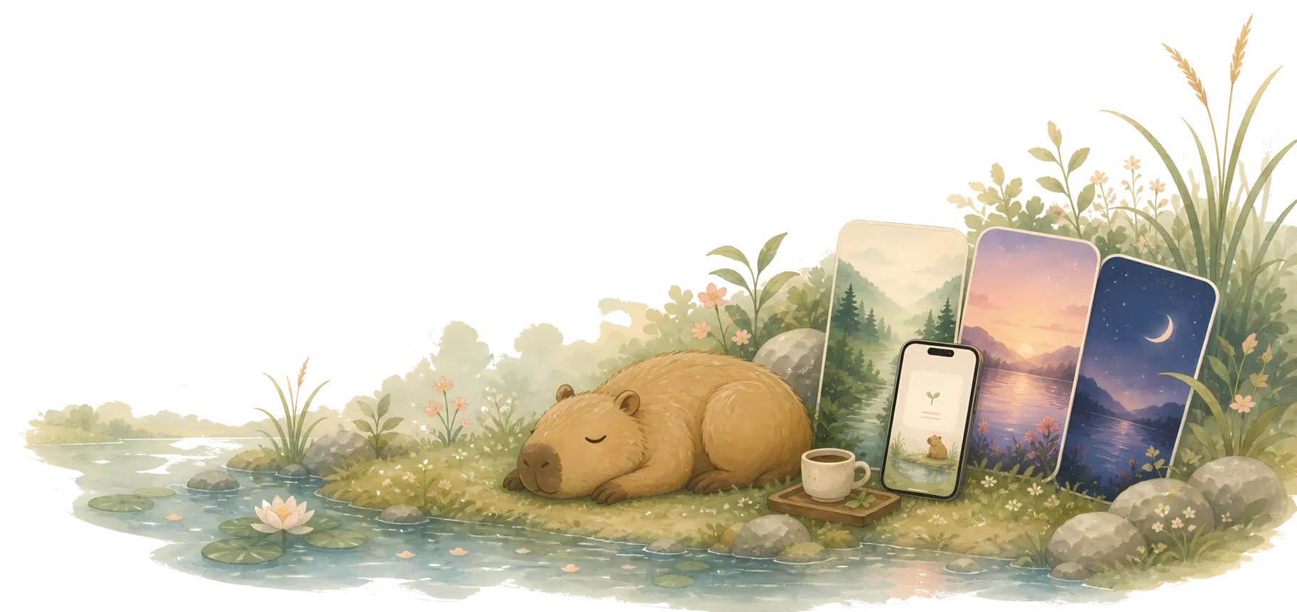 The capybara resting beside a quiet pond with a phone and a fan of wallpaper cards.