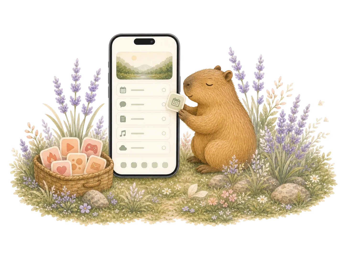 The capybara guide sorting useful utility symbols into a text-first iPhone launcher while distracting app cues sit in a basket.