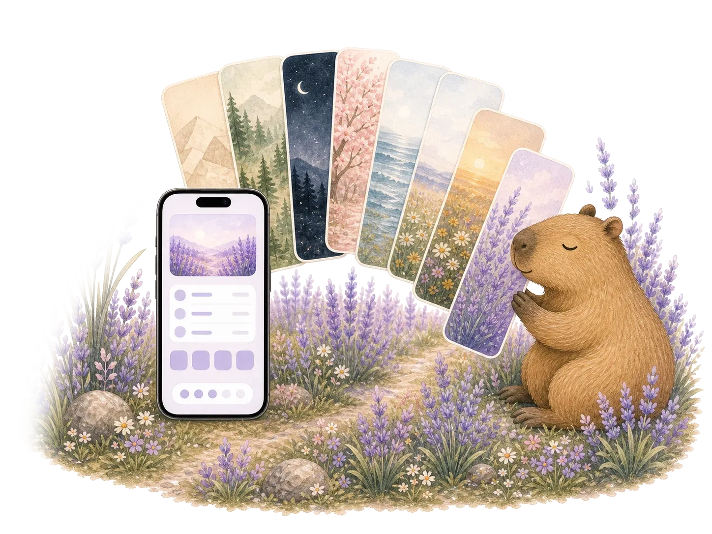 The capybara guide choosing a lavender Quiet Phone theme from a fan of soft wallpaper cards beside a calm iPhone.