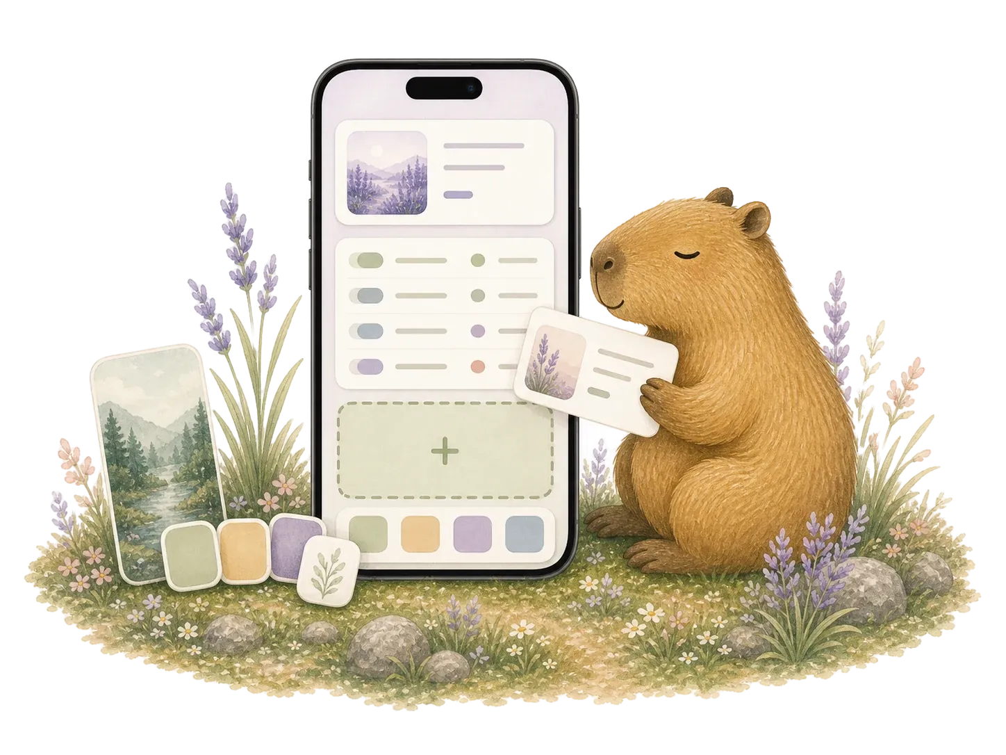 The capybara guide placing a widget card beside a personalized Quiet Page with prompt, launcher, and reserved user widget space.
