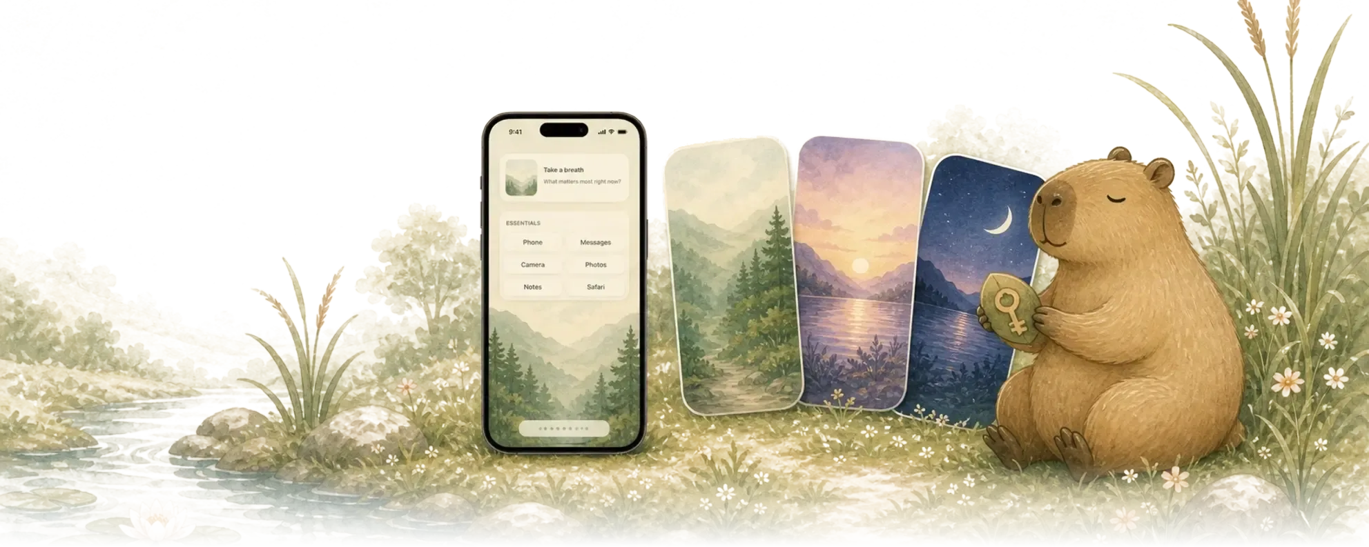 The capybara offering a small gold key on a leaf beside a phone and a fan of soft wallpaper cards.